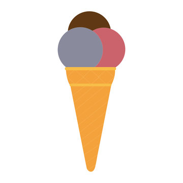 A triple scooped ice cream cone on white
