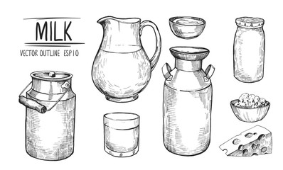 Milk and dairy products. Fresh farm milk, cheese, cottage cheese. Hand drawn illustration converted to vector. Isolated on white background