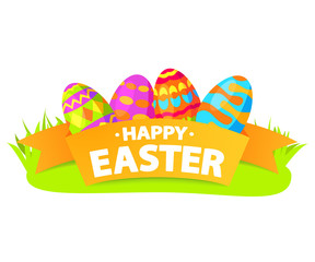 Festive banner. Happy Easter eggs on a grass the painted lie ornament. Flat illustration vector.