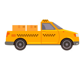 Yellow cargo taxi service. Flat vector.Car cab side view pick-up.Transportation and cargo delivery.