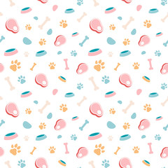 Seamless pattern with dog's food, bowl and traces. Design for pets fabric and textile. Pets food symbol. Vector Illustration