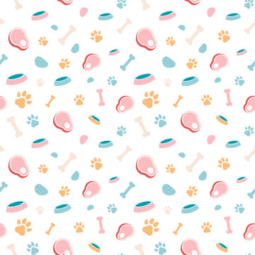 Seamless pattern with dog's food, bowl and traces. Design for pets fabric and textile. Pets food symbol. Vector Illustration