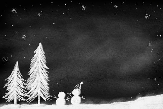 drawing of pine tree with snowman standing on land over chalk black board background with falling snow and snowflakes  and copy space for merry christmas season festive design concept