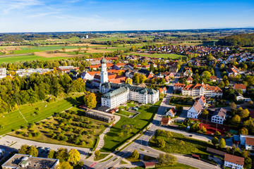 aerial view, Monastery Church and Ursberg Abbey of the Franciscan St. Joseph's Congregation, Ursberg, Bavaria, Germany