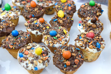 Food. Desserts. Sweet cakes on furshet table in restaurant close up