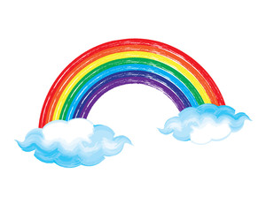 Rainbow and clouds in grunge hand drawn style. Vector