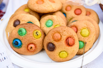 Food. Desserts. Sweet cakes on furshet table in restaurant close up