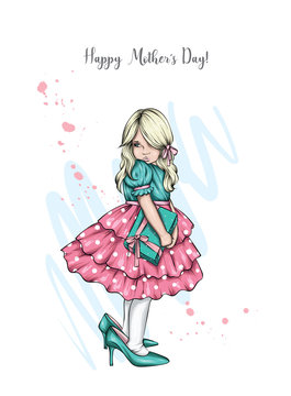 Beautiful little girl in a magnificent dress and high-heeled mother's shoes. Valentine's Day, March 8, Mother's Day. Vector illustration for a card or poster. A cute baby.