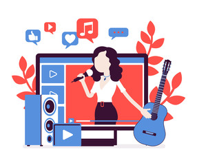 Music streamer girl. Woman broadcasting online popular songs, creating inspiring, entertaining musical content for journal or diary, blogging as hobby, job. Vector illustration with faceless character