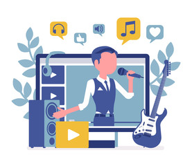 Music streamer boy. Man broadcasting online popular songs, creating inspiring and entertaining musical content for journal or diary, blogging as hobby, job. Vector illustration with faceless character