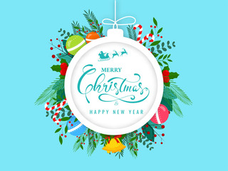 Merry Christmas & Happy New Year text in bauble shape frame decorated with jingle bell, balls, candy cane, holly berry, leaves and berry branch on blue background.