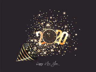 Glitter falling from party popper with golden 2020 text and clock on black background for Happy New Year celebration.