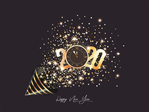 Glitter falling from party popper with golden 2020 text and clock on black background for Happy New Year celebration.