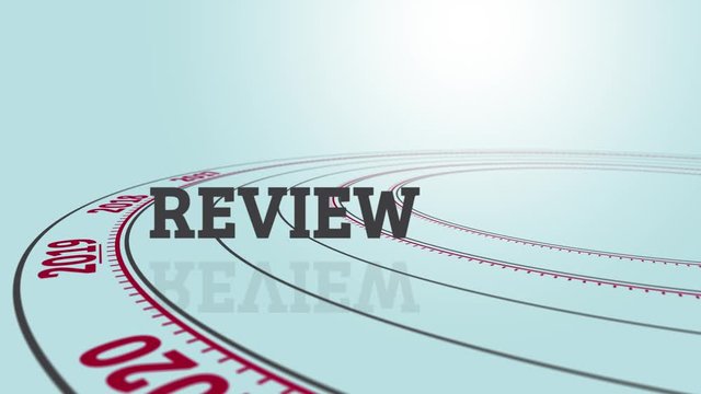 Rotating disc with text "Review" besides the number 2019