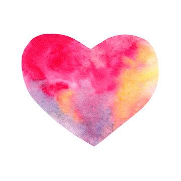 Pink, yellow and purple heart, watercolor hand drawn valentine's day or love symbol isolated on white background. 