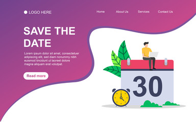 Save the date concept with people character for web landing page template, banner, presentation, social, and print media. Business flat design vector illustration.