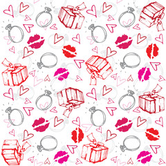 Vector illustration pattern of engagement ring and box surrounded with love hearts and kisses in red and pink ink for Valentines day