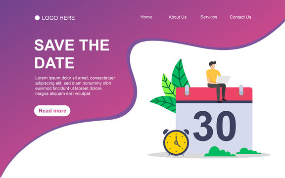 Save the date concept with people character for web landing page template, banner, presentation, social, and print media. Business flat design vector illustration.