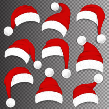 Christmas Santa Claus red hats with shadow isolated on transparent background. Vector illustration