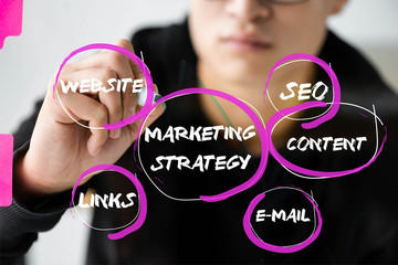 cropped view of seo manager writing on glass with illustration of concept words of marketing...