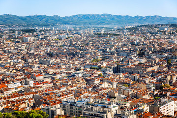 Beautiful top view of Marseille from the Notre Dame de la Garde on a bright sunny day. Great landscape.