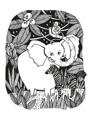 illustration with animals of Africa. Elephant, monkey and Zebra in the jungle