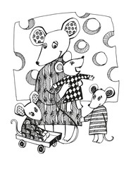 mom mouse and her baby mice, Christmas drawing with the symbol of the new year