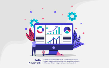Data analysis illustration concept with tiny people. Check management data, evaluate systems, analyze business movements. Flat design concept for landing page, presentation, marketing resource