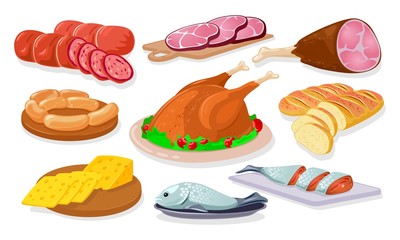 Grocery store, shop assortment sausage, kielbasa, ham, gammon, wieners, salmon, bread, poultry, cheese. Farm products. Animal source food protein meat fish Cartoon vector set on white