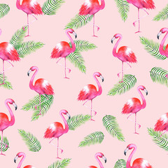 Flamingo with palm leafs watercolor seamless pattern on pink background. Hand drawn illustration. Colorfull bright summer seamless background for textile, print and banners.