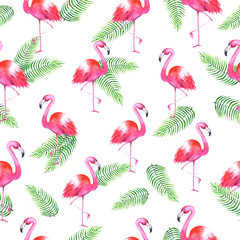 Flamingo with palm leafs watercolor seamless pattern on white background. Hand drawn illustration. Colorfull bright summer seamless background for textile, print and banners.