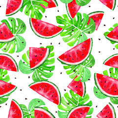 Seamless pattern with watermelon and tropical leaves on white background in bright summer colors. Hand painted illustration. Background for fabric textile, banners, print