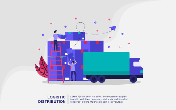 Illustration concept of Logistics distribution. Delivery home and office. City logistics. Warehouse, truck, forklift, courier, drone and delivery man. Vector illustration
