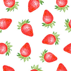 Watercolor seamless pattern with strawberries on white background. Colorfull bright summer seamless background for textile, wallpapers, print and banners. Healthy food concept.