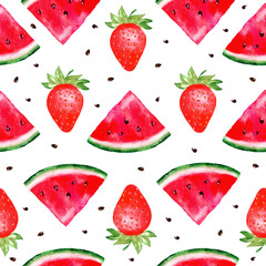 Watercolor seamless pattern with watermelon slices and seeds and strawberries isolated on a white background  in bright summer colors. Hand painted illustration. 