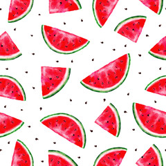 Watercolor watermelon slices and seeds seamless pattern on white background in bright summer colors. Hand painted illustration. Background for fabric textile, banners, print