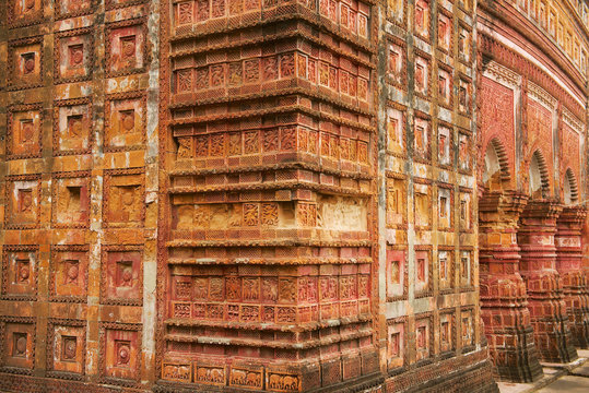 Rich decorated with terracota tiles facade of the Pancharatna Govinda Temple in Putia, Bangladesh.