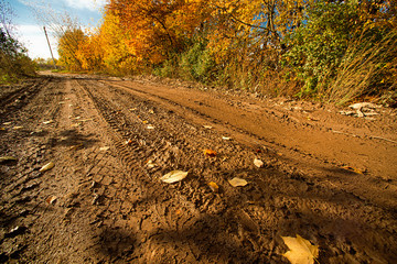 Landscape with impassable autumn road with tire tracks