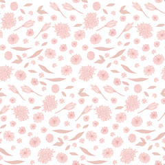 Floral vector seamless pattern with  flowers and leaves. Beautiful hand drawn flowers in  light pastel colors in vintage style.