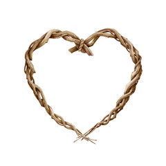 Heart shape wreath from twisted vine watercolor illustration. Natural romantic rope decoration. Love and passion symbol for valentines day. Beautiful frame isolated on white background.