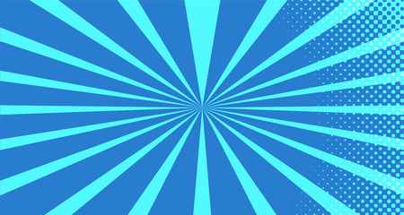 Vintage colorful comic book background. Blue blank bubbles of different shapes. Rays, radial, halftone, dotted effects. For sale banner for your designe 1960s. With copy space eps10.