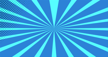 Vintage colorful comic book background. Blue blank bubbles of different shapes. Rays, radial, halftone, dotted effects. For sale banner for your designe 1960s. With copy space eps10.