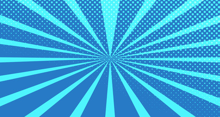 Vintage colorful comic book background. Blue blank bubbles of different shapes. Rays, radial, halftone, dotted effects. For sale banner for your designe 1960s. With copy space eps10.