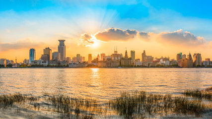 Fototapeta premium City skyline and sunset beautiful sky in Shanghai