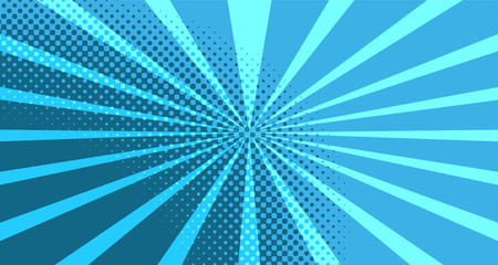 Vintage colorful comic book background. Blue blank bubbles of different shapes. Rays, radial, halftone, dotted effects. For sale banner for your designe 1960s. With copy space eps10.
