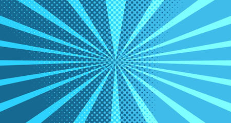Vintage colorful comic book background. Blue blank bubbles of different shapes. Rays, radial, halftone, dotted effects. For sale banner for your designe 1960s. With copy space eps10.