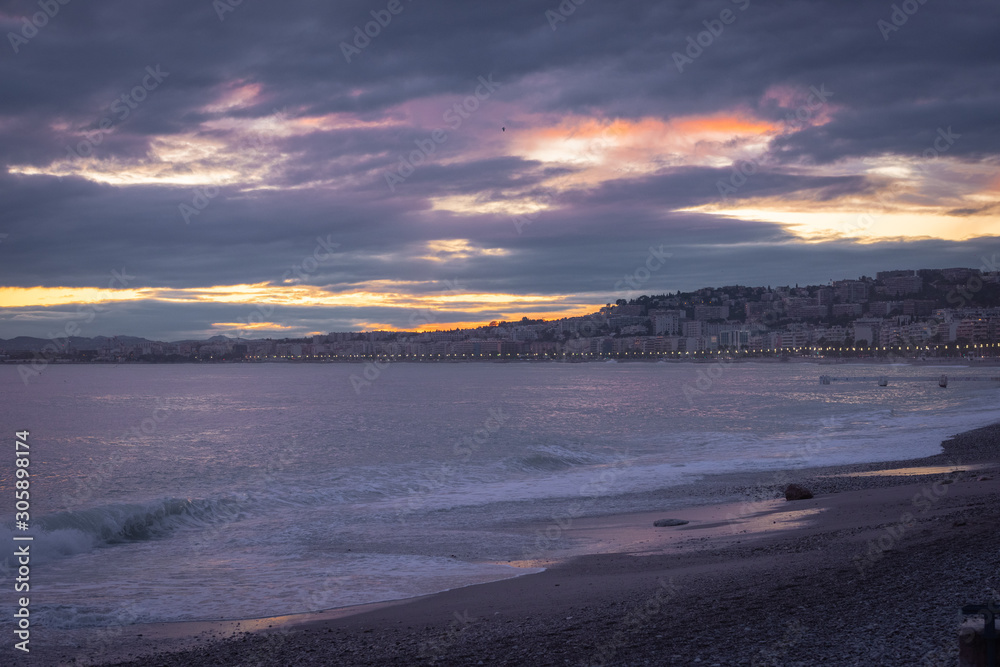 Sticker South of France, Cote d'Azur, Nice city, sunset after a storm