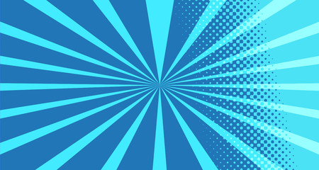 Vintage colorful comic book background. Blue blank bubbles of different shapes. Rays, radial, halftone, dotted effects. For sale banner for your designe 1960s. With copy space eps10.