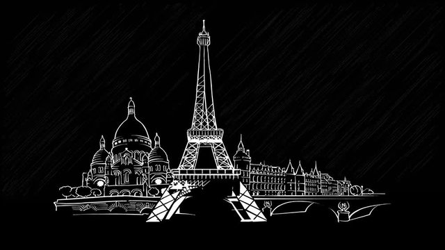 Paris France Panorama Sketch chalk drawing on blackboard
