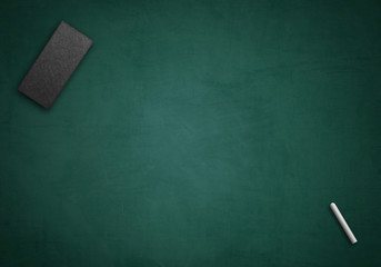 Green blank chalkboard background with chalk and wiper, top view